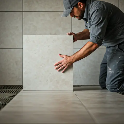 Tiler carefully placing a large ceramic tile